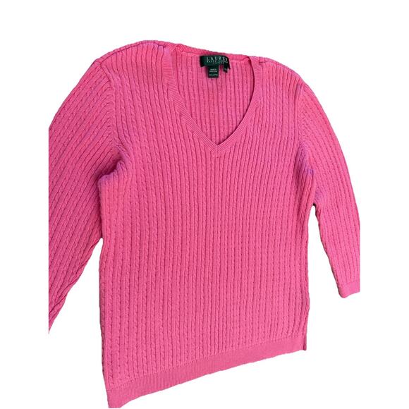 Ralph Lauren Pink V-Neck 3/4 Sleeve Cable Knit Sweater Blouse Size Petite Small - Picture 2 of 6